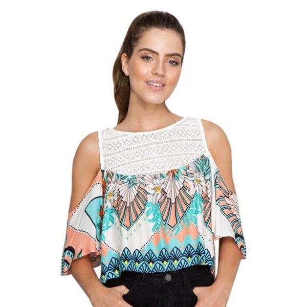 Digital Printing T shirt Women Sexy Chiffon Shirt 2017 Fashion Lace Short Sleeves Stitching Shoulder Loose Tops