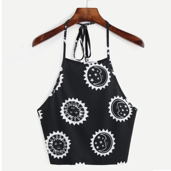 Womens  T-Shirt 2017 Summer New Sun Moon Printing Sexy Sleeveless Halter neck Tank Tops Crop Backless Vest cropped feminino