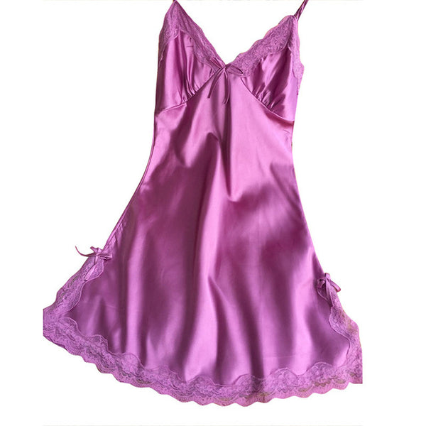 Women Sexy Silk Satin Night Dress Sleeveless Nighties V-neck Nightgown  Nightdress Lace Sleepwear Nightwear Ladies LM75
