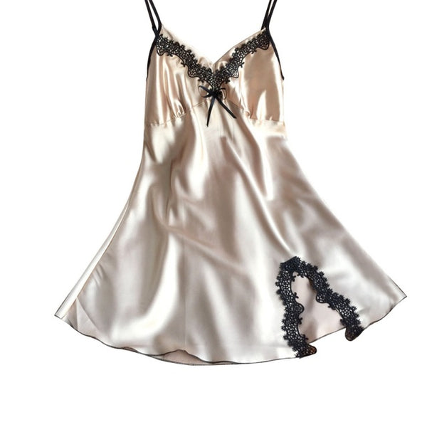 Ladies Sexy Silk Satin Night Dress Sleeveless Nighties V-neck Nightgown   Nightdress Lace Sleepwear Nightwear For Women