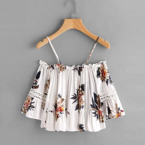 Sexy Summer Camis Top Women Floral Printing Lace Casual Off Shoulder Crop Top Cluster Print Peplum Racerback Cami Top