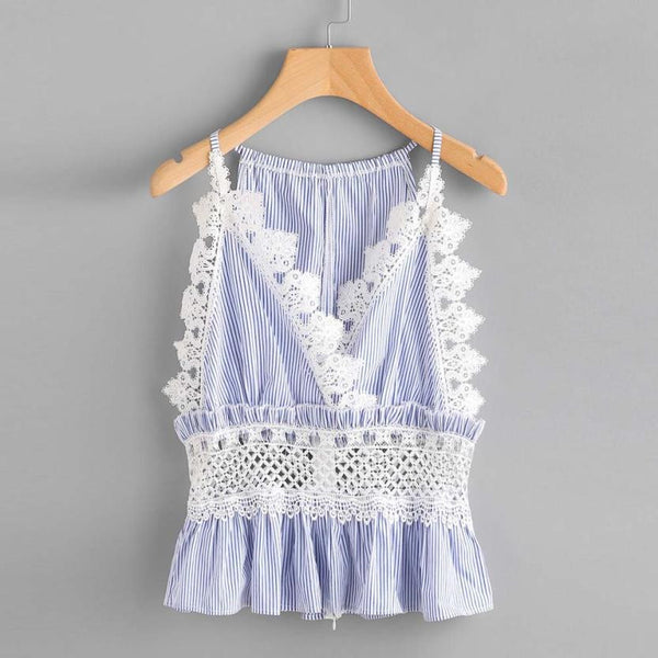 Sexy Lace Camis Women lace up striped camis tops sexy sleeveless spaghetti strap shirts Casual Crop Tank Top Blue Shirt Cami