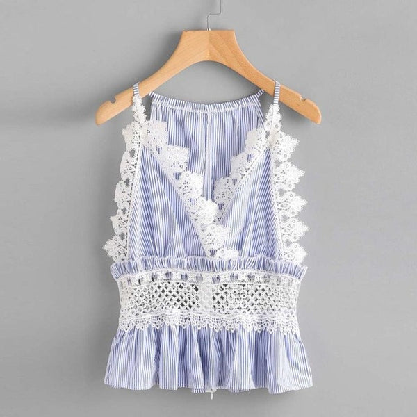 Sexy Lace Camis Women lace up striped camis tops sexy sleeveless spaghetti strap shirts Casual Crop Tank Top Blue Shirt Cami