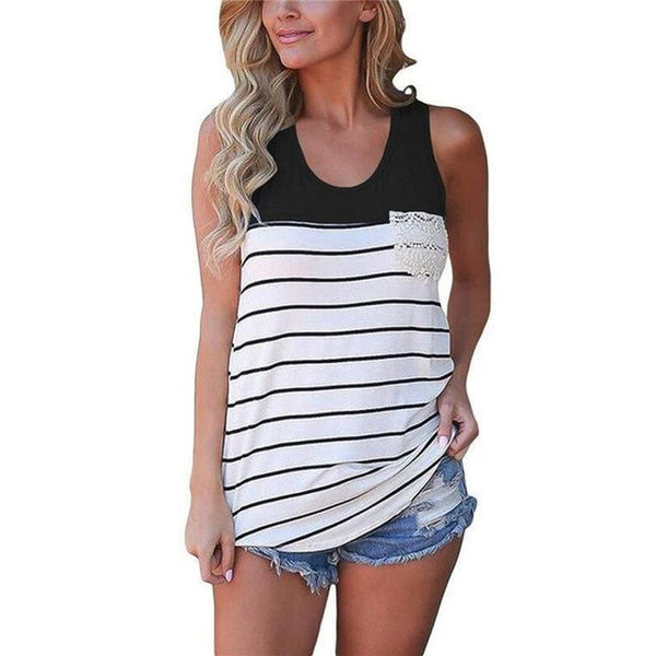 2017 Summer Sexy Pack hip Tank Top Women's Fashion Stripe Lace Pocket Crop Top Sleeveless Slim Tops