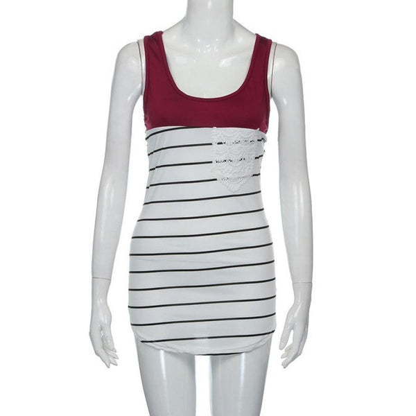 2017 Summer Sexy Pack hip Tank Top Women's Fashion Stripe Lace Pocket Crop Top Sleeveless Slim Tops