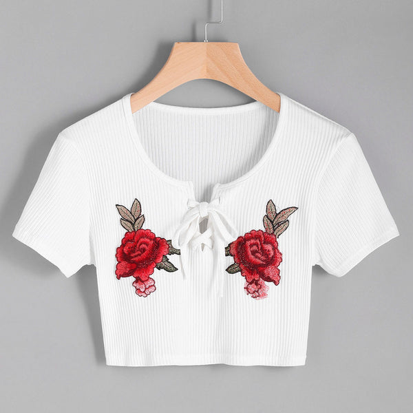 Sexy Short T Shirt Women Rose Embroidery Short Sleeve O-neck Casual Strap Cross Bandage Shirt Vest Tops Blusa