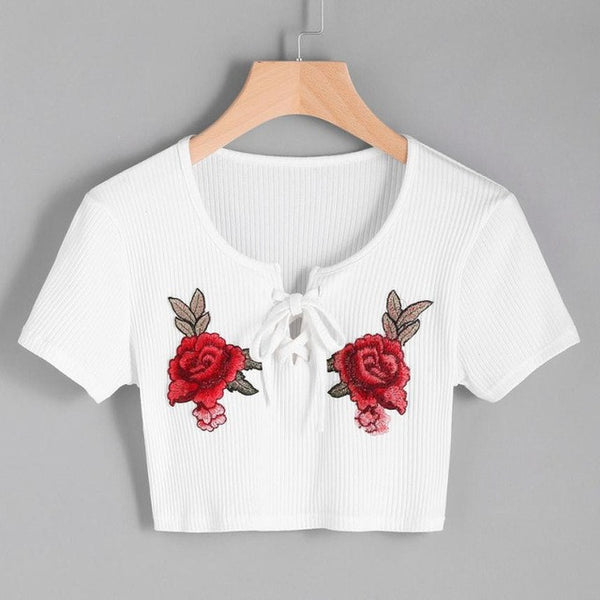 Sexy Short T Shirt Women Rose Embroidery Short Sleeve O-neck Casual Strap Cross Bandage Shirt Vest Tops Blusa