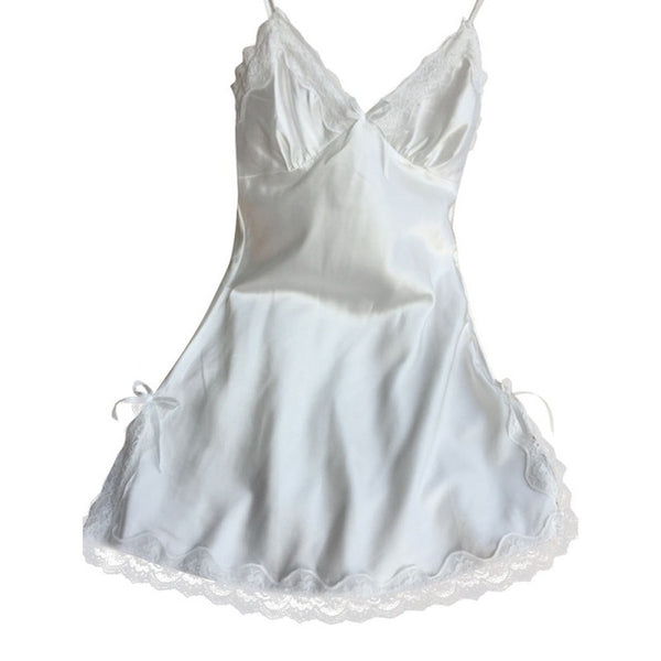 Nightgown Women Silk Satin Night Dress Sleeveless Nighties V-neck Nightdress Lace Sleepwear Nightwear