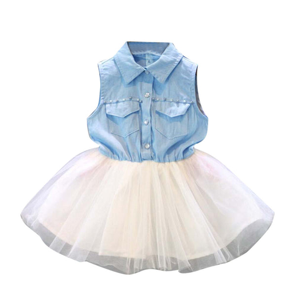 Fashion Girls Dresses Kids Party Clothes Princess Lace  Dress Denim Tulle Tutu Dresses Sleeveless Summer Dress