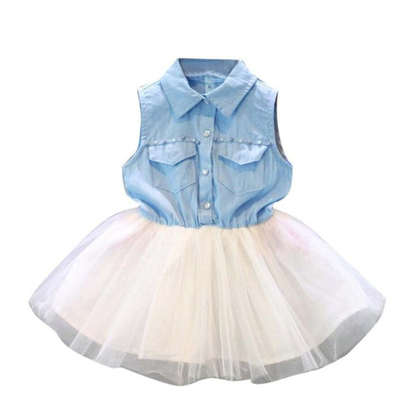 Fashion Girls Dresses Kids Party Clothes Princess Lace  Dress Denim Tulle Tutu Dresses Sleeveless Summer Dress