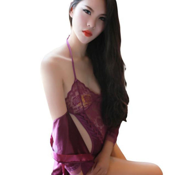 Women Sexy Lace Sleepwear Chemise Kimono Sleep Nighty Gown Bath Robe Coat BK
