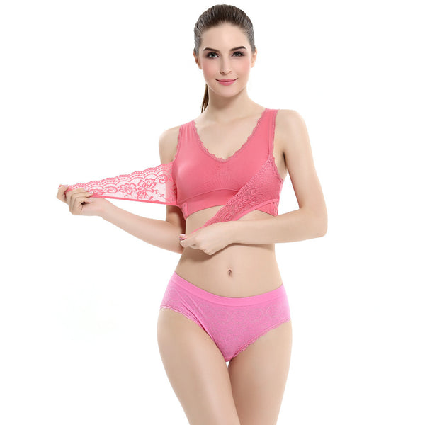 Women Push Up Wire Free Padded Anti-shock Sweat Lace Sports Bra BK L