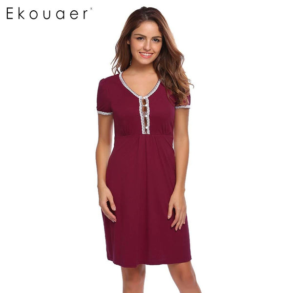 Ekouaer Brand Casual Nightwear Summer V-Neck Slim Solid Sleepwear Women Lace-Trimmed Short Sleeve Button Nighties Nightgown
