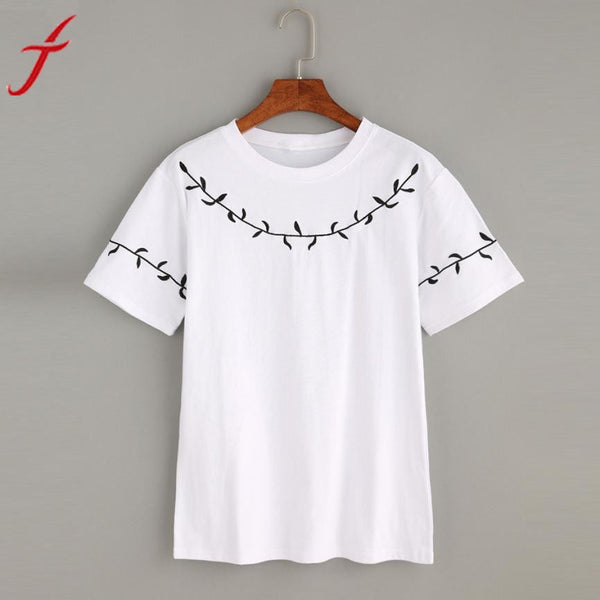 Fashion Leaf Embroidery White T-Shirt Sexy Women Short Sleeve Shirt Blusa casual Summer 2017 top tees Girl Tops