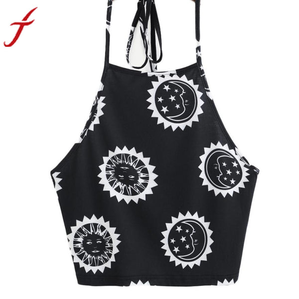 Womens  T-Shirt 2017 Summer New Sun Moon Printing Sexy Sleeveless Halter neck Tank Tops Crop Backless Vest cropped feminino