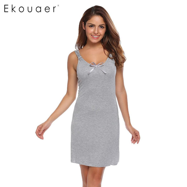 Ekouaer Fashion Slim Nightwear Women Spaghetti Strap Sleeveless Solid Nighties Sleepwear Summer Casual Bow Sleepwear