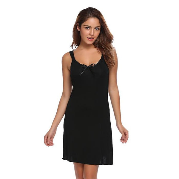 Ekouaer Fashion Slim Nightwear Women Spaghetti Strap Sleeveless Solid Nighties Sleepwear Summer Casual Bow Sleepwear