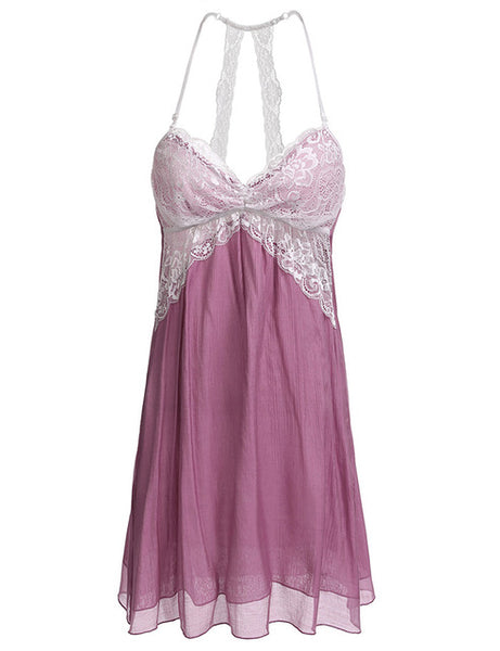 Ekouaer Sexy Lace Patchwork Nightwear Spaghetti Strap Sleeveless Nighties Sleepwear Dress Summer Home Clothing With Lining