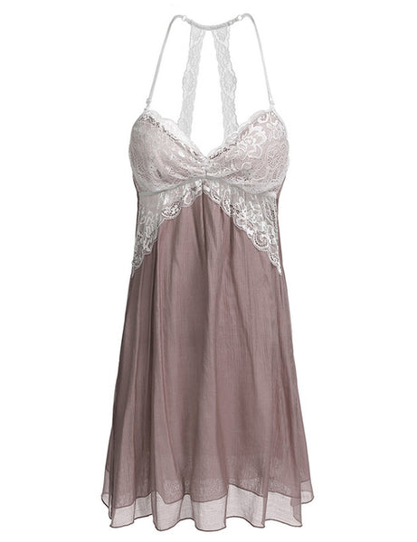 Ekouaer Sexy Lace Patchwork Nightwear Spaghetti Strap Sleeveless Nighties Sleepwear Dress Summer Home Clothing With Lining
