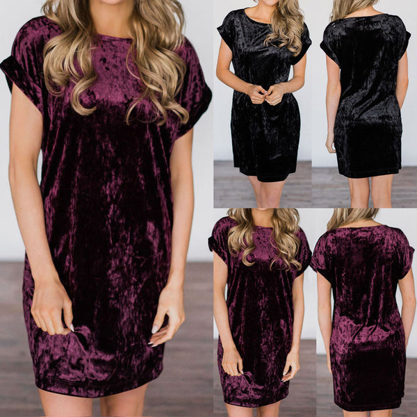 Womens Short Sleeve Party Dress Ladies Velvet Mini Dress