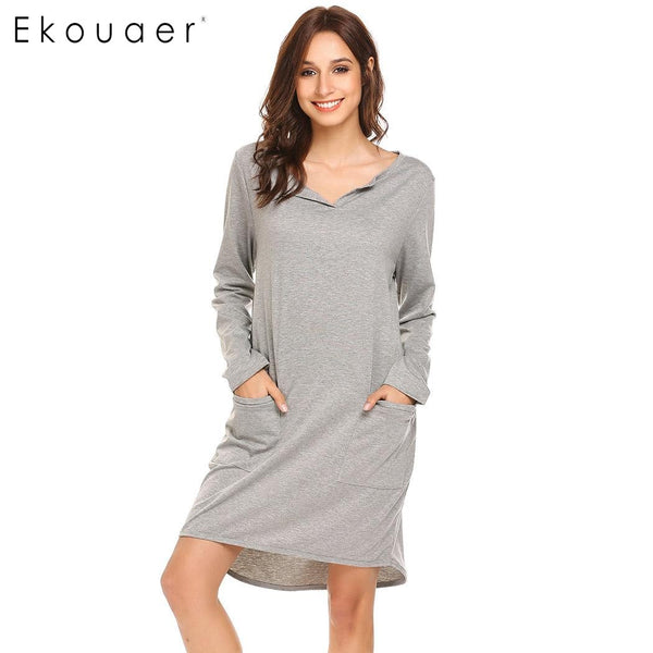 Ekouaer Casual Women Nightgown Long Sleeve V-Neck Solid Loose Nighties Sleepwear Dress Sexy Female Sleeping Home Clothing