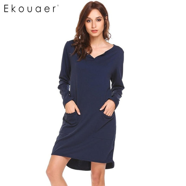 Ekouaer Casual Women Nightgown Long Sleeve V-Neck Solid Loose Nighties Sleepwear Dress Sexy Female Sleeping Home Clothing