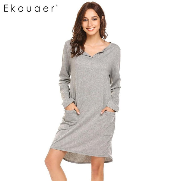 Ekouaer Casual Women Nightgown Long Sleeve V-Neck Solid Loose Nighties Sleepwear Dress Sexy Female Sleeping Home Clothing