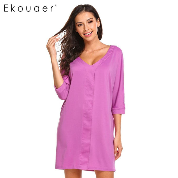 Ekouaer Sleep Dress Loose Nightdress Women Casual Sleepwear V-Neck Batwing 3/4 Sleeve Solid Nighties Nightgown Lady Home Dress