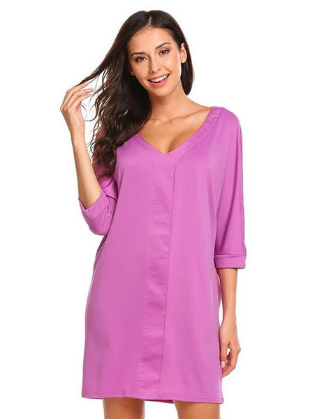 Ekouaer Sleep Dress Loose Nightdress Women Casual Sleepwear V-Neck Batwing 3/4 Sleeve Solid Nighties Nightgown Lady Home Dress