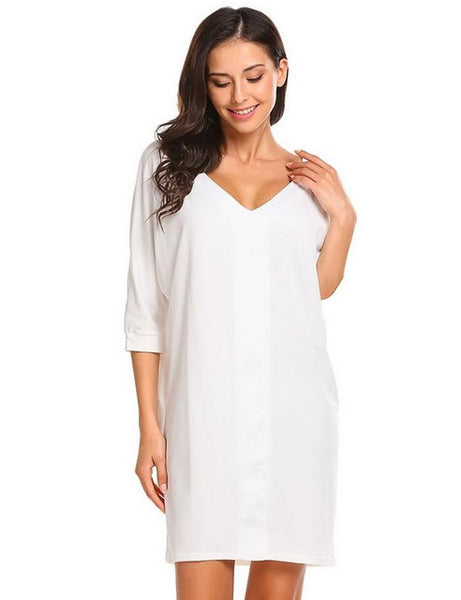 Ekouaer Sleep Dress Loose Nightdress Women Casual Sleepwear V-Neck Batwing 3/4 Sleeve Solid Nighties Nightgown Lady Home Dress