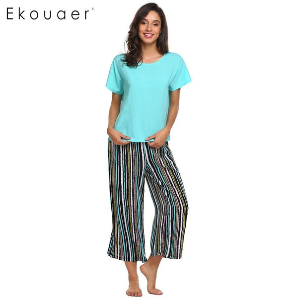 Ekouaer Women Casual Sleepwear Pajama Set Short Sleeve T-shirt & Loose Striped Pants Pajamas Set Nighties Female Home Clothing