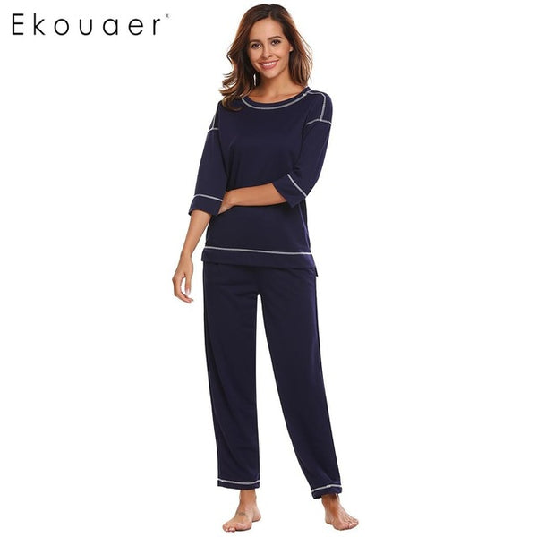 Ekouaer Women Casual Sleepwear Pajamas 3/4 Sleeve Contrast Color T-Shirt Top and Long Pants Pajama Set Fashion Female Nighties