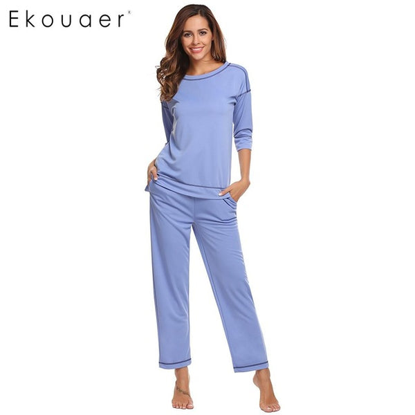 Ekouaer Women Casual Sleepwear Pajamas 3/4 Sleeve Contrast Color T-Shirt Top and Long Pants Pajama Set Fashion Female Nighties