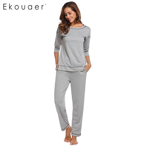 Ekouaer Women Casual Sleepwear Pajamas 3/4 Sleeve Contrast Color T-Shirt Top and Long Pants Pajama Set Fashion Female Nighties