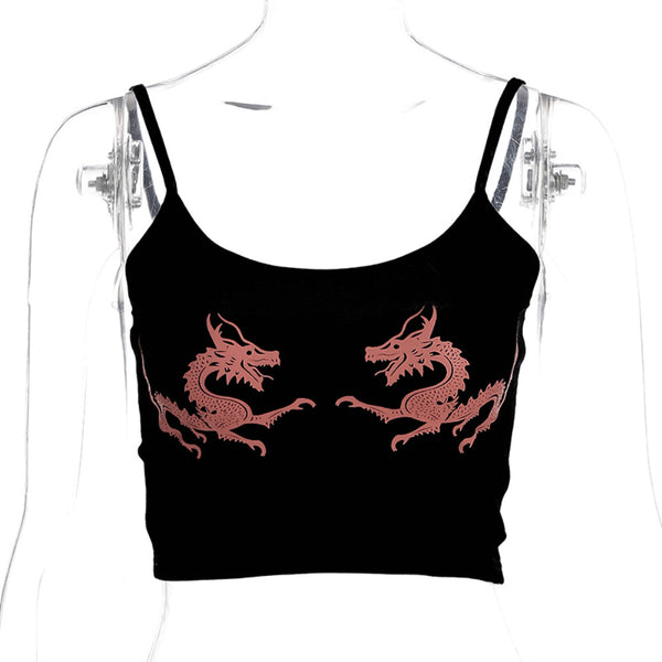2018 Summer Women Fashion Chinese Dragon Snake Printed Cropped T-shirt Sexy Black Backless Strap Crop Top Street Bralet Top