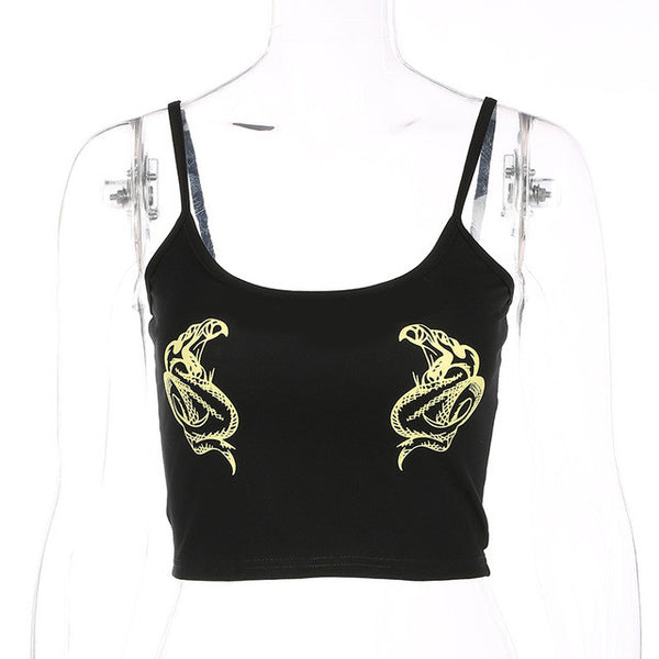 2018 Summer Women Fashion Chinese Dragon Snake Printed Cropped T-shirt Sexy Black Backless Strap Crop Top Street Bralet Top