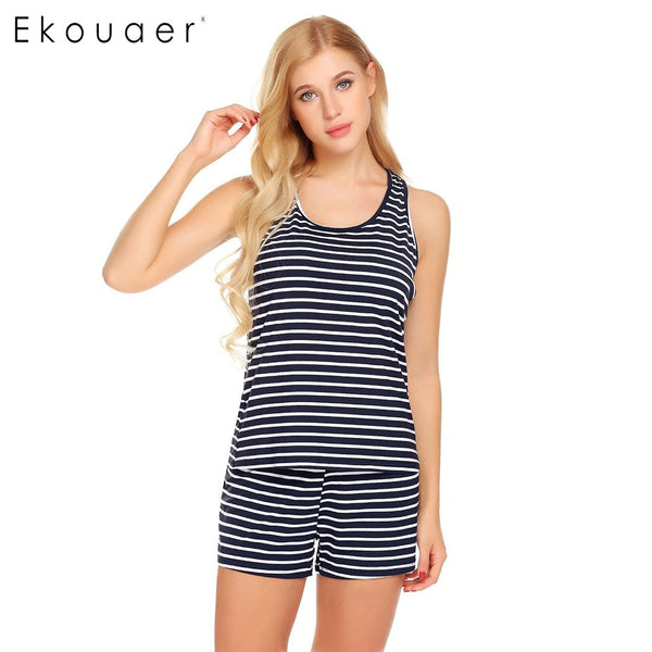 Ekouaer Women Sleepwear Pajama Set O-Neck Striped Tank Top and High Waist Shorts Summer Casual Nighties Female Nightwear Suits
