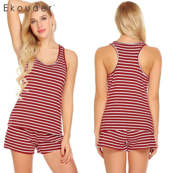 Ekouaer Women Sleepwear Pajama Set O-Neck Striped Tank Top and High Waist Shorts Summer Casual Nighties Female Nightwear Suits