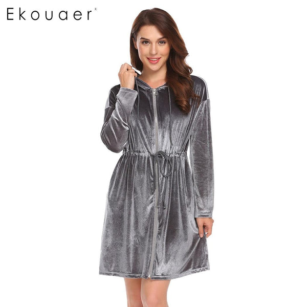 Ekouaer Women Robe Kimono Long Sleeve Velvet Hooded Solid Bathrobes Nighties Sleepwear Robe Dressing Gown Female Nightwear
