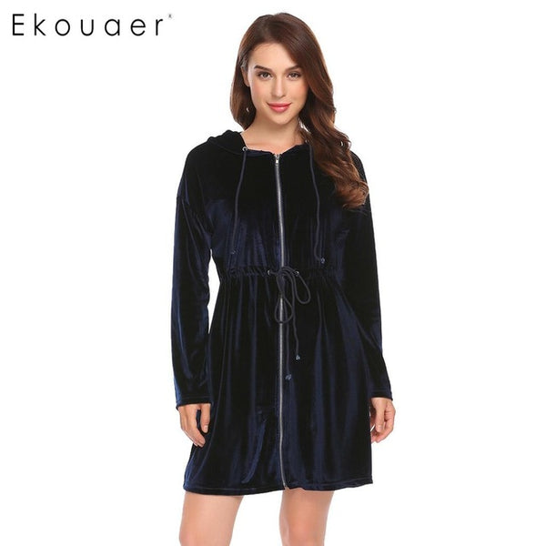 Ekouaer Women Robe Kimono Long Sleeve Velvet Hooded Solid Bathrobes Nighties Sleepwear Robe Dressing Gown Female Nightwear