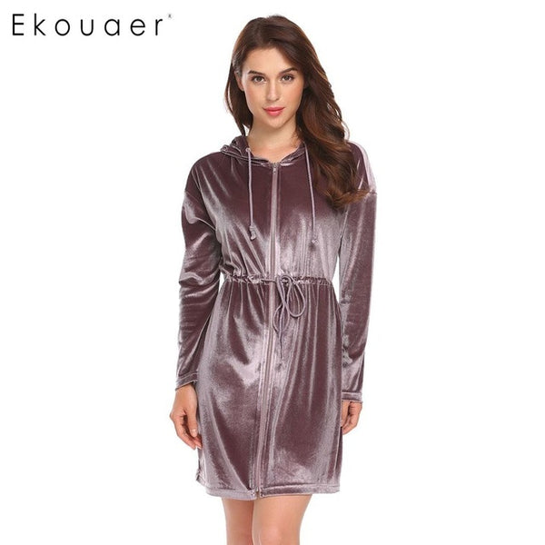 Ekouaer Women Robe Kimono Long Sleeve Velvet Hooded Solid Bathrobes Nighties Sleepwear Robe Dressing Gown Female Nightwear