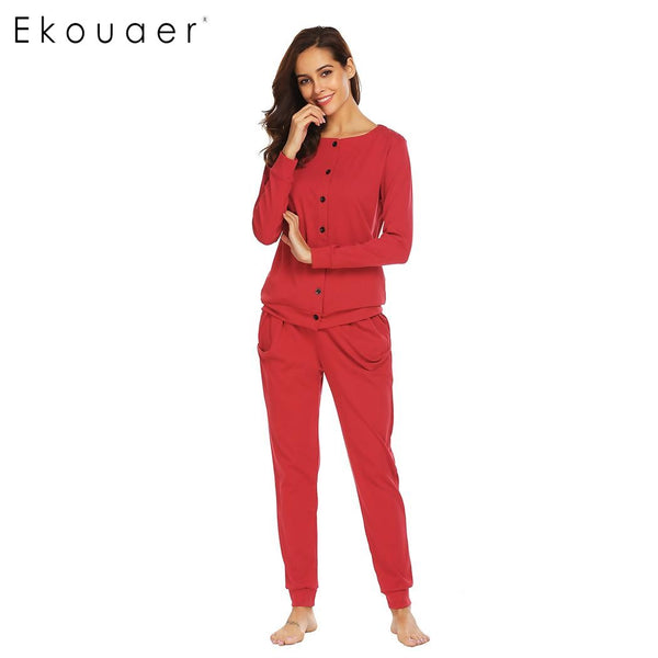 Ekouaer Cotton Women Sleepwear Pajamas Round Neck Long Sleeve Button Down Top & Pants Pajama Set Casual Nighties Female Homewear