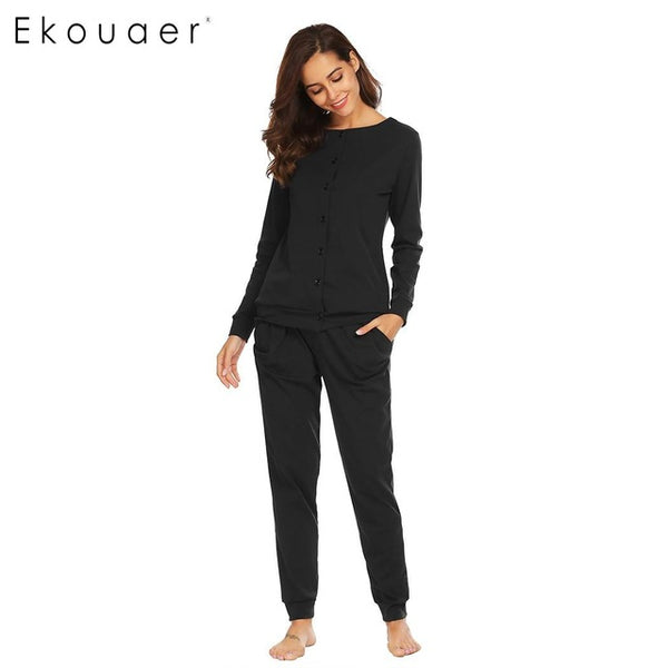 Ekouaer Cotton Women Sleepwear Pajamas Round Neck Long Sleeve Button Down Top & Pants Pajama Set Casual Nighties Female Homewear
