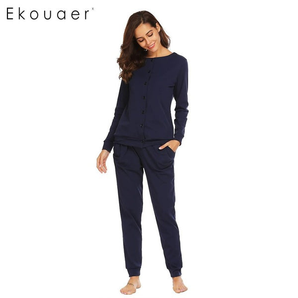 Ekouaer Cotton Women Sleepwear Pajamas Round Neck Long Sleeve Button Down Top & Pants Pajama Set Casual Nighties Female Homewear