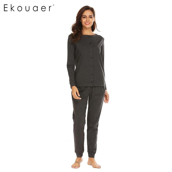 Ekouaer Cotton Women Sleepwear Pajamas Round Neck Long Sleeve Button Down Top & Pants Pajama Set Casual Nighties Female Homewear