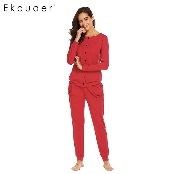 Ekouaer Cotton Women Sleepwear Pajamas Round Neck Long Sleeve Button Down Top & Pants Pajama Set Casual Nighties Female Homewear