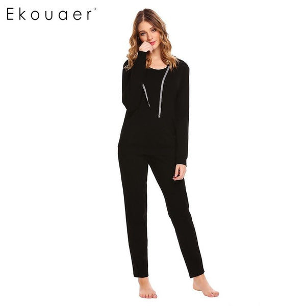 Ekouaer Women Casual Sleepwear Nighties Cotton Hooded Long Sleeve Hoodie and Drawstring Pants Pajama Set Female Home Clothing