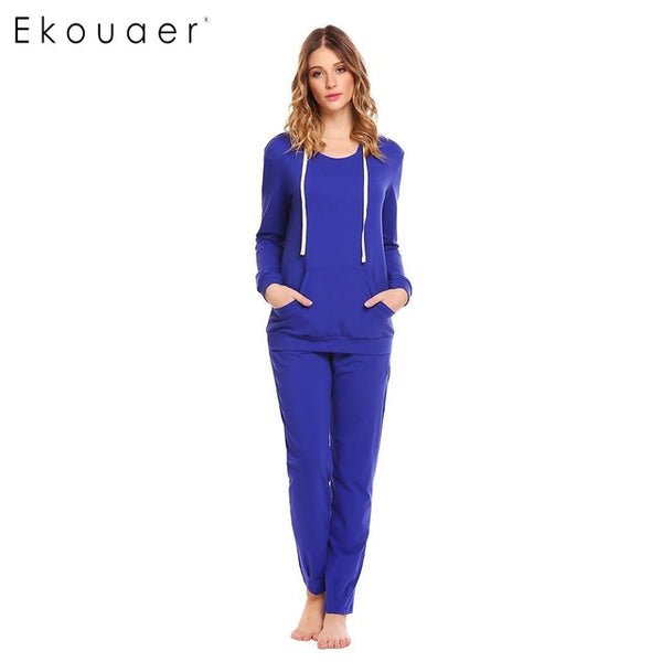 Ekouaer Women Casual Sleepwear Nighties Cotton Hooded Long Sleeve Hoodie and Drawstring Pants Pajama Set Female Home Clothing
