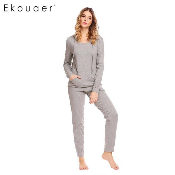 Ekouaer Women Casual Sleepwear Nighties Cotton Hooded Long Sleeve Hoodie and Drawstring Pants Pajama Set Female Home Clothing