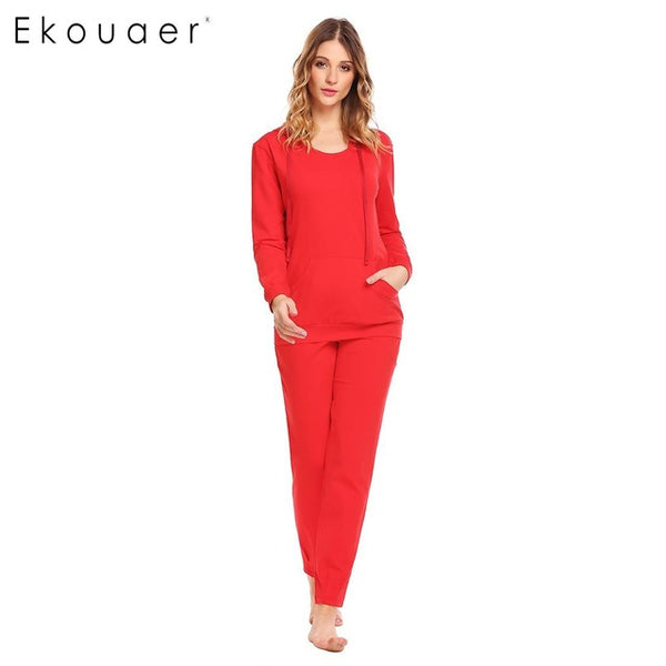Ekouaer Women Casual Sleepwear Nighties Cotton Hooded Long Sleeve Hoodie and Drawstring Pants Pajama Set Female Home Clothing